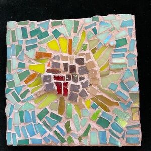 Abstract Pink Flower Glass Hanging Mosaic Original Art 6”Square Ready to Hang.